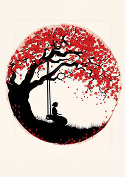 Tattoo template of a woman on a swing under a blooming cherry blossom tree