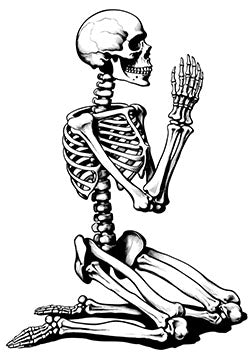 Tattoo template of a kneeling skeleton in prayerful pose, symbolizing solemnity and timeless reverence