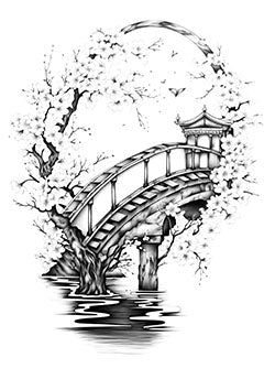 Tattoo template of a cherry blossom bridge with reflection