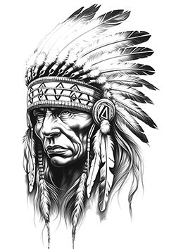 Tattoo template of a Native American chief with an elaborate feathered headdress