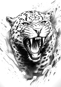 Tattoo template of a fierce leopard roaring with bared fangs