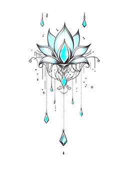 Tattoo template of a glowing lotus adorned with hanging crystals and delicate lines.