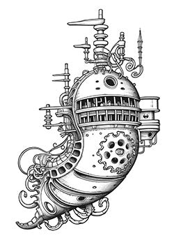 Tattoo template of a steampunk submarine with intricate machinery and organic tentacles