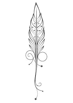 Tattoo template of an elegant quill feather with ornamental swirls and dotted accents