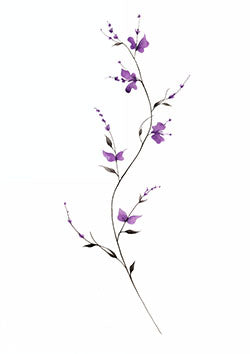 Tattoo template of a slender vine with purple blossoms