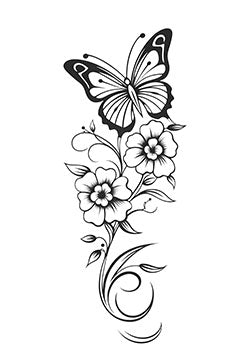 Tattoo template of a butterfly with flowers symbolizing transformation and beauty