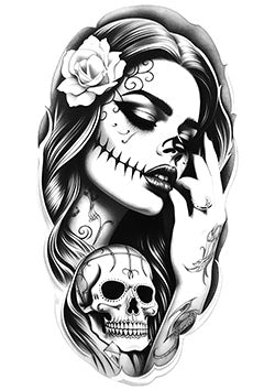 Tattoo template of a woman with Day of the Dead makeup and floral adornments reflecting solemn beauty