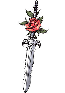 Tattoo template of a detailed sword with a vibrant red rose intertwined around it, symbolizing strength and beauty