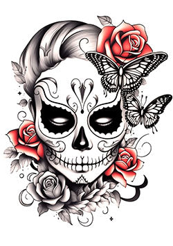 Tattoo template of a sugar skull with roses and butterflies, symbolizing life and death intertwined