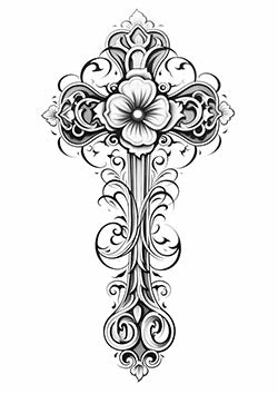 Tattoo template of a floral crucifix with ornate details