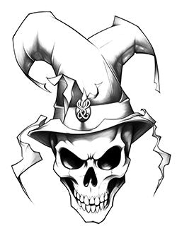 Tattoo template of a skull with a wizard hat, emphasizing dark wizardry and haunted themes