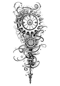 Tattoo template of a celestial clock with gears and swirling patterns symbolizing eternal time