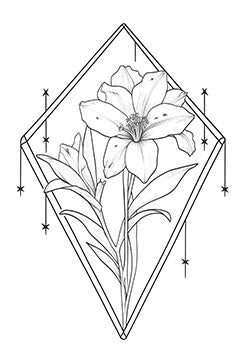 Tattoo template of a delicate lily framed by a geometric diamond shape with stars