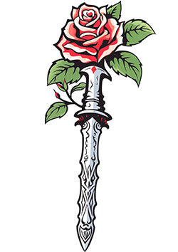 Tattoo template of a dagger with a blooming rose intertwined, symbolizing beauty and danger