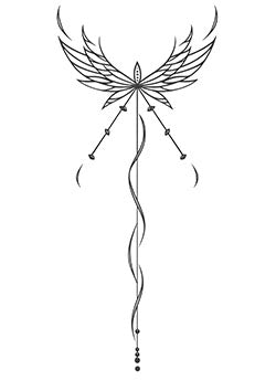 Tattoo template of a minimalist angel wing design with arrows and delicate lines for protection and guidance