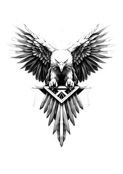 Tattoo template of an eagle with outstretched wings gripping an emblem