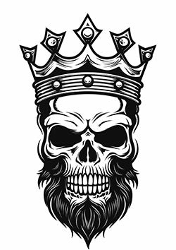 Tattoo template of a detailed skull with a crown and beard exuding a commanding presence