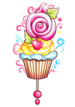 Tattoo template of a colorful cupcake with a pink rose and heart on top