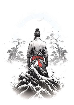 Tattoo template of a samurai gazing at misty mountains and birds