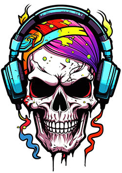 Tattoo template of a colorful skull wearing headphones that blend vibrant life with the essence of death