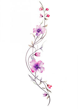 Tattoo template of a floral design with pink and purple flowers on a curved vine, evoking beauty and elegance