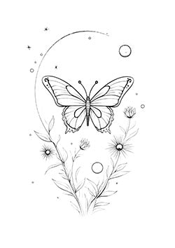 Tattoo template of a butterfly with stars and flowers