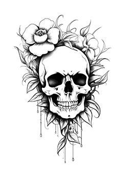 Tattoo template of a skull surrounded by blooming flowers and leaves