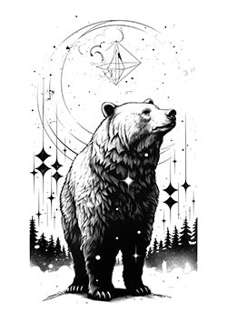 Tattoo template of a bear with celestial and forest elements