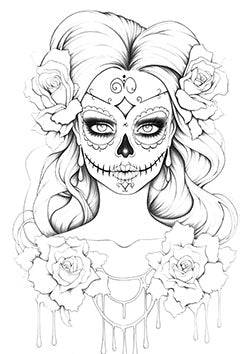 Tattoo template of a La Catrina figure adorned with roses and intricate face paint, capturing the essence of Día de los Muertos.