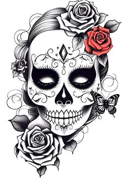 Tattoo template of a sugar skull with roses and butterfly