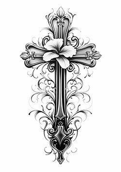 Tattoo template of a stylized cross with a hibiscus and ornate details