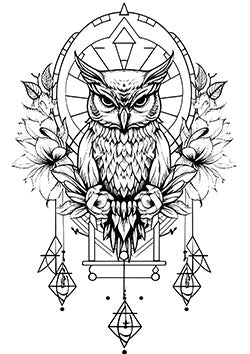 Tattoo template of an owl with geometric and floral design elements