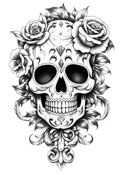 Tattoo template of a detailed skull with floral elements