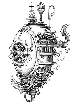 Tattoo template of a steampunk submarine with detailed gears and tentacles