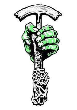 Tattoo template of a green hand holding a steampunk mechanical hammer