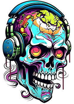 Tattoo template of a skull with exposed brain wearing headphones with neon colors