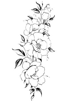 Tattoo template of a black and white floral design with detailed leaves and blooming flowers.