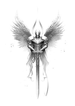 Tattoo template of an angel in armor with wings and sword