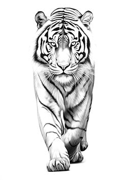 Tattoo template of a powerful tiger walking forward with fierce eyes reflecting strength and grace