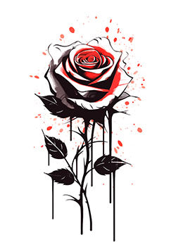 Tattoo template of a red and black rose with splatters and dripping ink