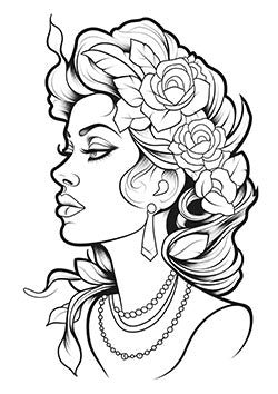 Tattoo template of a woman adorned with roses and jewelry in profile view