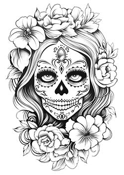 Tattoo template of a decorative sugar skull with floral patterns around it