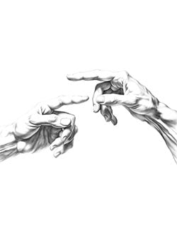 Tattoo template of two hands reaching for a tender touch