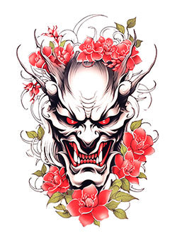 Tattoo template of an oni demon with red flowers