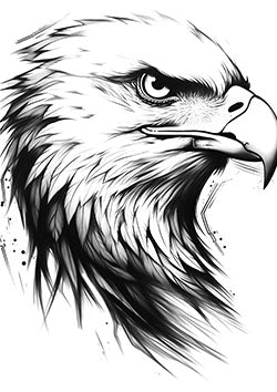 Tattoo template of a majestic eagle's head with intense eyes exuding strength and wisdom with elements of nature.