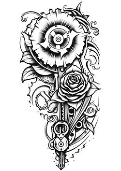 Tattoo template of a mechanical gear and rose intertwining in a blend of industrial and natural elements