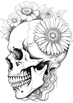 Tattoo template of a cracked skull with blooming flowers, symbolizing the contrast between life and death.