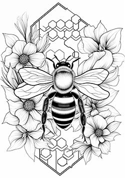 Tattoo template of a bee among flowers and honeycombs showcasing nature's balance and beauty