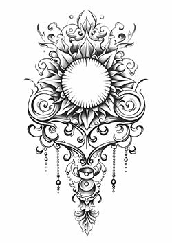 Tattoo template of an ornate sunflower design with filigree and jewels