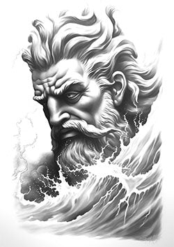 Tattoo template of a bearded god emerging from ocean waves, symbolizing control and fury